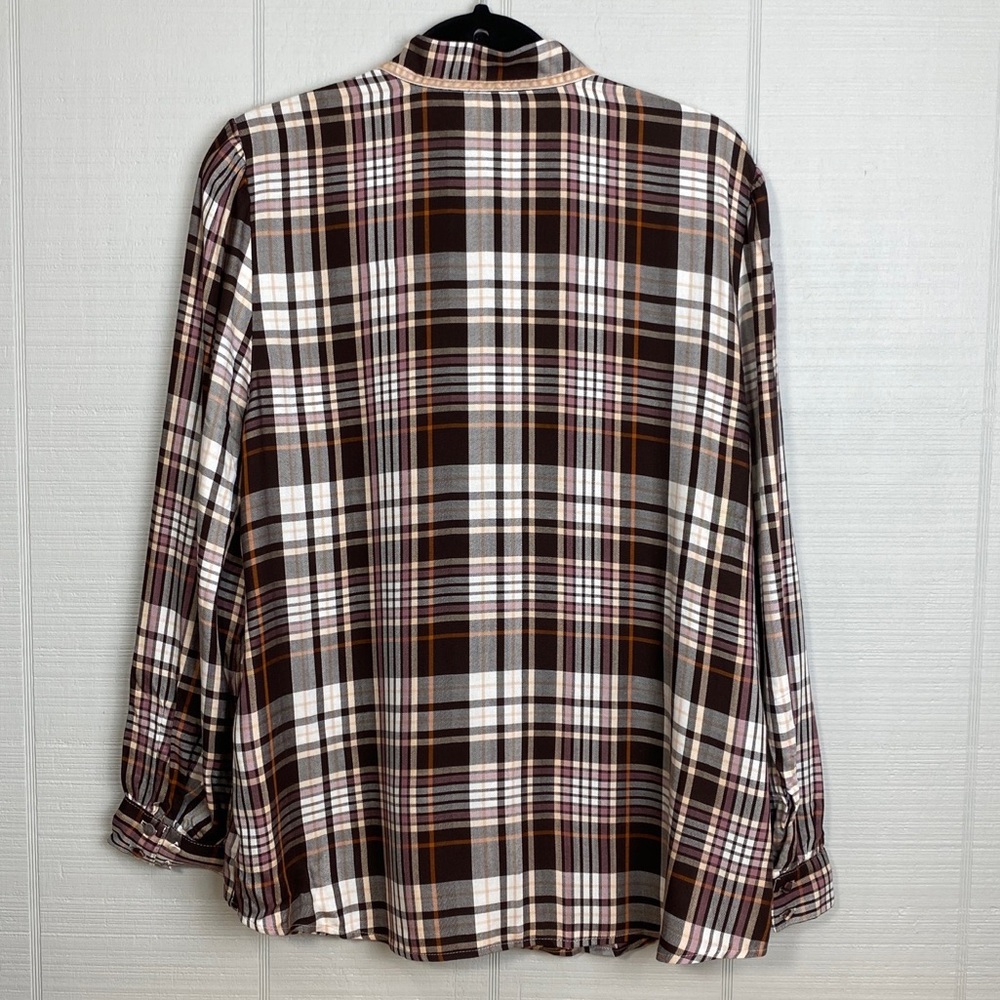 Chico’s Brown Orange Pink Plaid Long Sleeve Ruffle Button Up Top - Picture 3 of 6